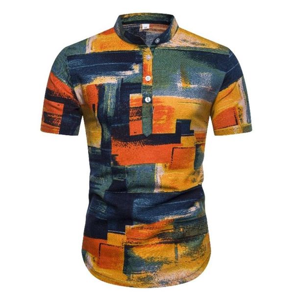 

men's shirt summer men's stand collar ethnic style series printed shirt short sleeve, White;black