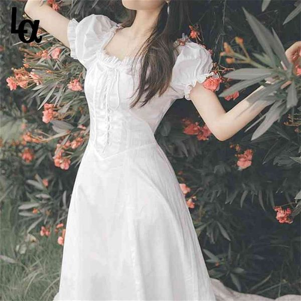 

french vintage midi dress women summer elegant square collar puff sleeve white fairy retro 210519, Black;gray