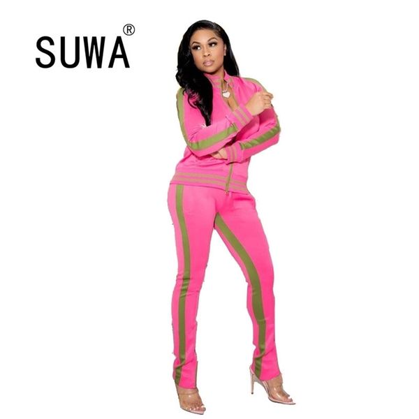 

casual two piece outfits for women zipper long sleeve jacket + high waist pencil pants fall winter office matching sets 210525, White