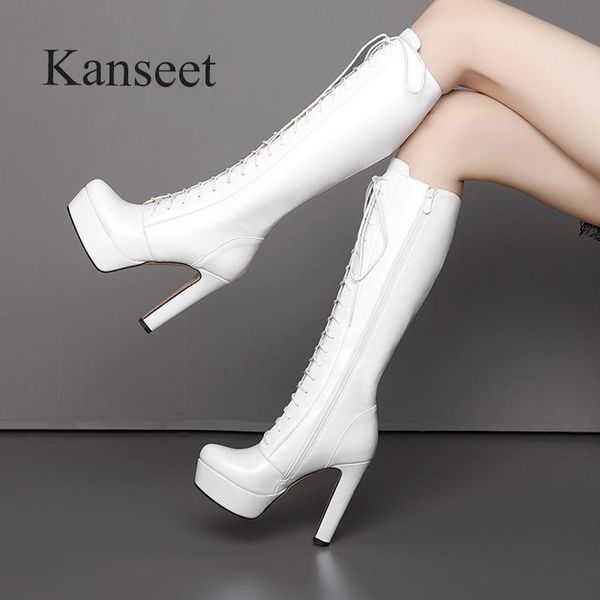 

boots kanseet platform women knee-high 2021 autumn winter cross-tied super high heel shoes slim zip long black size 40