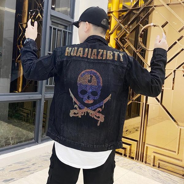 

fall logo personality skull heavy iron drill hole denim jacket fashion men's jackets, Black;brown