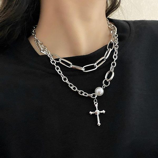 

chains woman necklace cross jesus necklaces women layered artificial pearl pendant girls silver color vintage stainless steel collares
