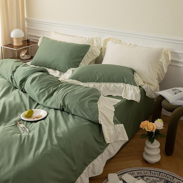 

bedding sets simple solid color 60 washed-silk set ice tencel lace ruffled lace-up denim princess style cotton
