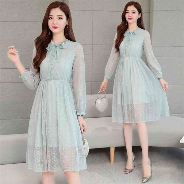 

vintage blue lace sweet midi dresses autumn winter plus size solid long sleeve dress elegant women bodycon party vestidos 210528, Black;gray