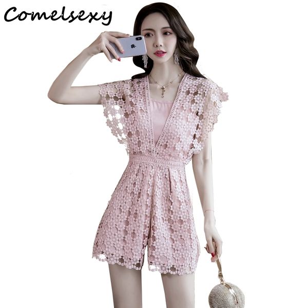 

women romper elegant lace hollow out playsuit shorts summer sleeveless high waist party club ladies boho mini jumpsuit 210515, Black;white
