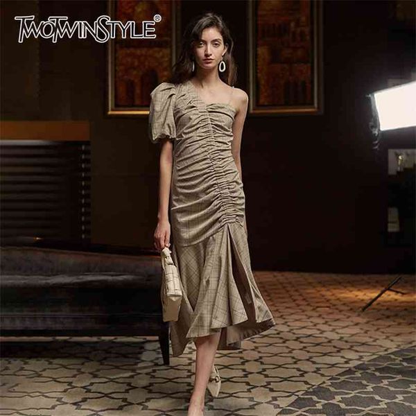

asymmetrical patchwork plaid ruched dress for women puff sleeve irregular hem elegant dresses female summer 210520, Black;gray
