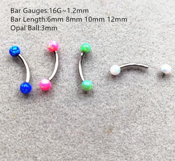 

10pcs surgical steel opal stone eyebrow bar body piercing earring ear helix diath tragus ring 16gx6/8/10/12mm, Silver