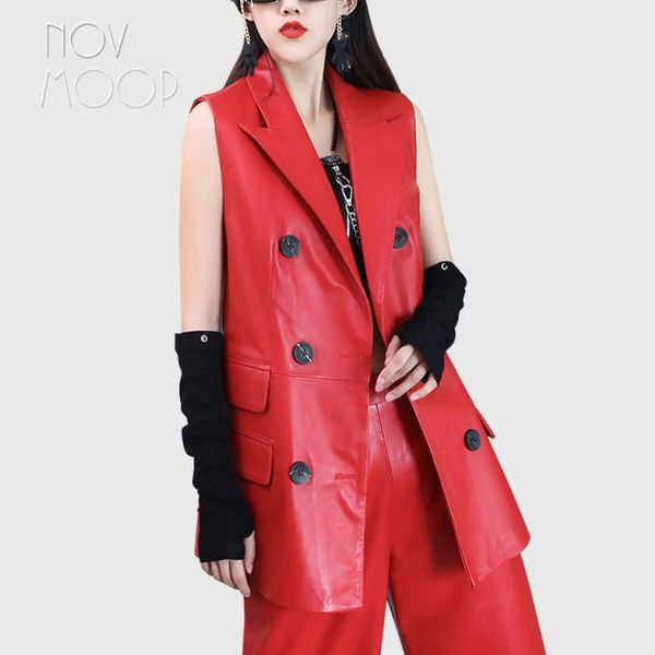 

women's vests novmoop solid color sheepskin genuine leather women long vest with buckled split back lt3301, Black;white