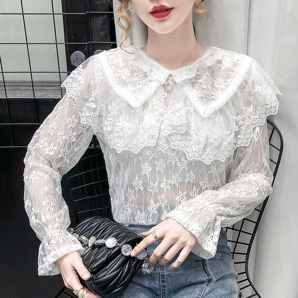 

spring autumn women lace shirt girl big double-layer lace hollow out see-through bottom blouse xxl, White