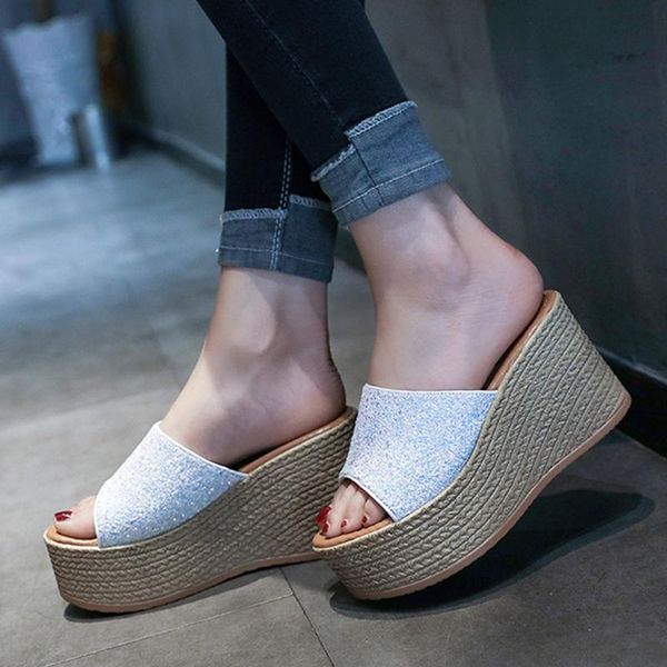 

slippers women bling high heel thick pumps ladies shoes wedges slides party roman sandals platform slipper peep toe zapatos de mujer, Black