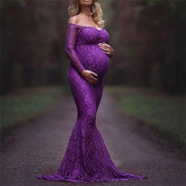 Hamile Kadınlar Için Giysileri Annelik Dantel Kapalı Omuz V Boyun Uzun Elbise Elbise Fantezi Çekim PO Seans Sahne 210922