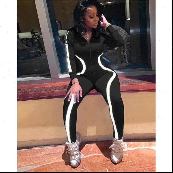 

autumn reflective women romper patchwork long sleeve zipper bodysuit black gray skinny streetwear jumpsuit overalls for, Black;white