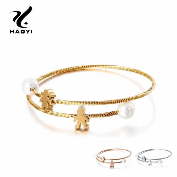 

classic boy & girl stainless steel bangles for women fashion with simulation pearl party metal madam jewelry bangle, Black
