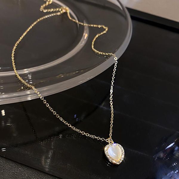 

rhinestone opal stone heart pendant necklace for women simple fashion geometric clavicle korean design jewelry necklaces, Silver