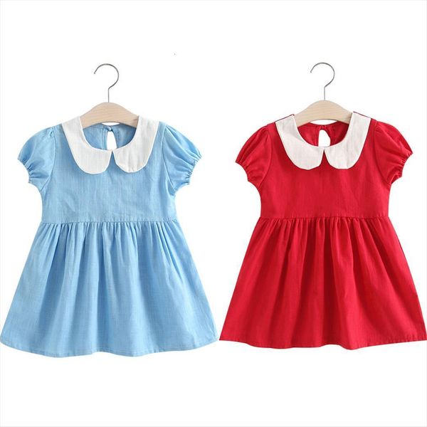 

doll collar puff sleeves girl dress solid color girls summer princess, Red;yellow
