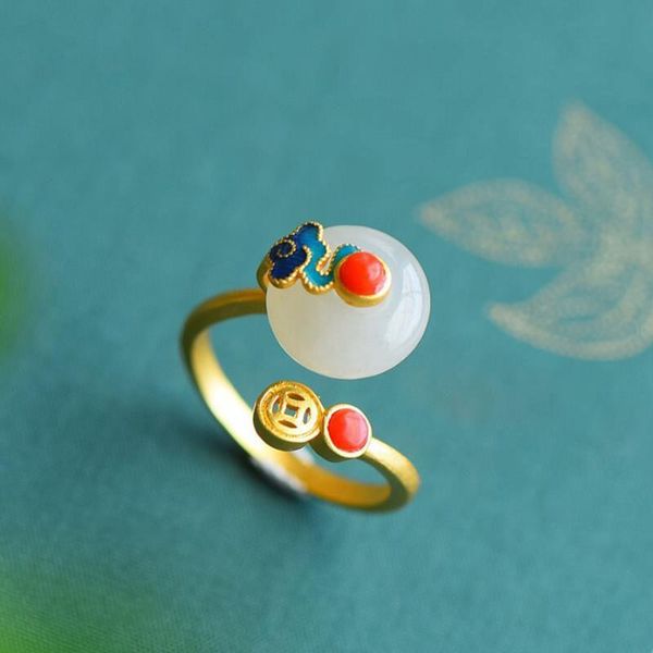 

cluster rings original south red tourmaline ring hetian jade opening adjustable retro charm ladies brand silver jewelry, Golden;silver