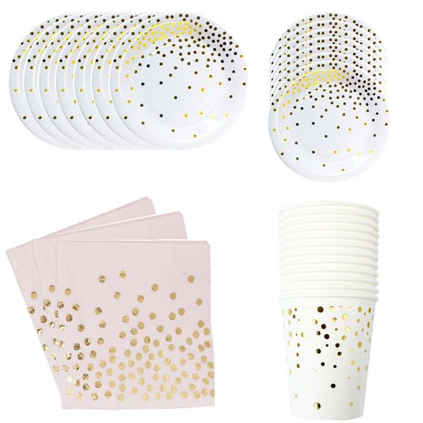 

disposable dinnerware bronzing gold theme dot pink blue white tableware set baby boy girl birthday wedding party decoration supplies