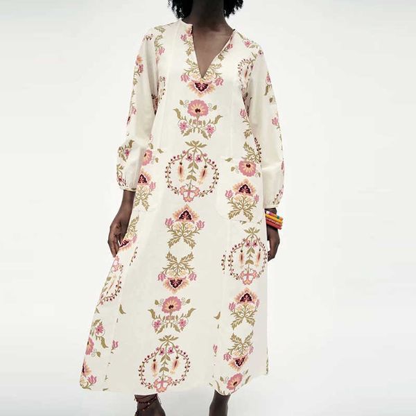 

dress za casual chic retro print v-neck beige women street elegant youth party dress 210601, Black;gray