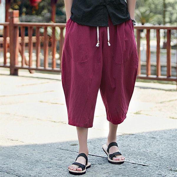

england style cotton linen harem pants men summer calf-length middle waist drawstring loose casual plus size 4xl men's, Black