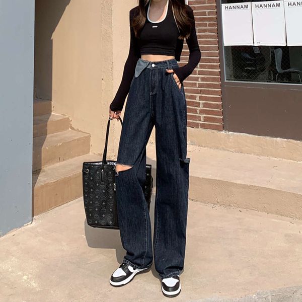 

design sense spring and autumn high waist loose thin wide leg dragging pants, Blue