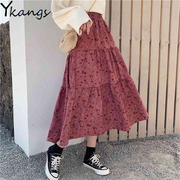 Harajuku Chic Outono Inverno Quente Flor Imprimir Saias Mulheres Vintage Corduroy Plissado Estudantes Kawaii Long Streetwear 210421