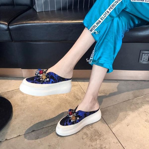 

slippers mljuese 2021 women soft sheepskin rome style crystal round toe blue color summer platform beaches flats sandals, Black