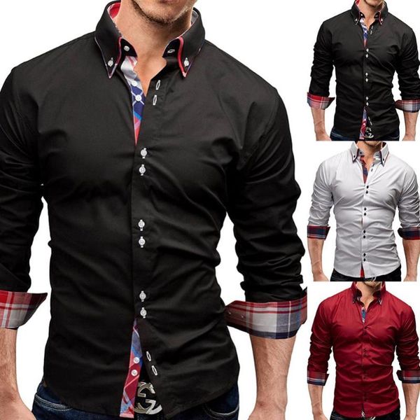 

men's casual shirts men solid plaid patchwork slim turn down collar long sleeve formal male social single-breasted shirt plus size, White;black