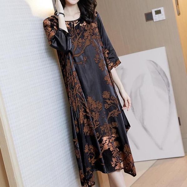 

summer women chinese style vintage floral print midi dress three quarter sleeve plus size 4xl vestidos mh273 casual dresses, Black;gray