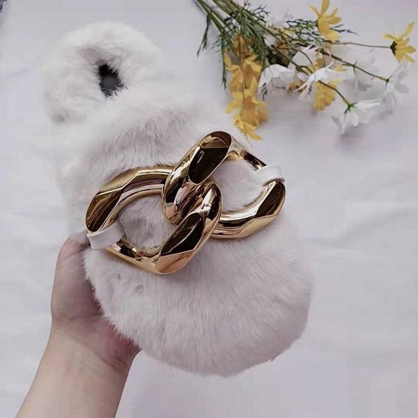 

slippers ippeum metal chains fur women home winter 2021 furry slides for ladies punk style warm shoes, Black