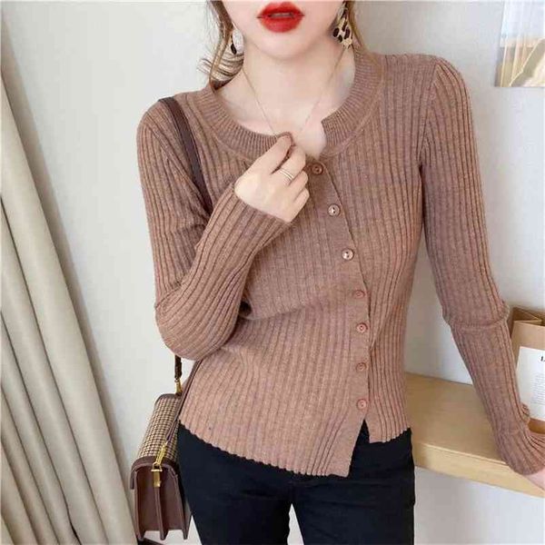 

skinny o-neck split sweaters non-symmetrical single breasted knitwear for women trendy solid elastic knitted jumper female 210522, White