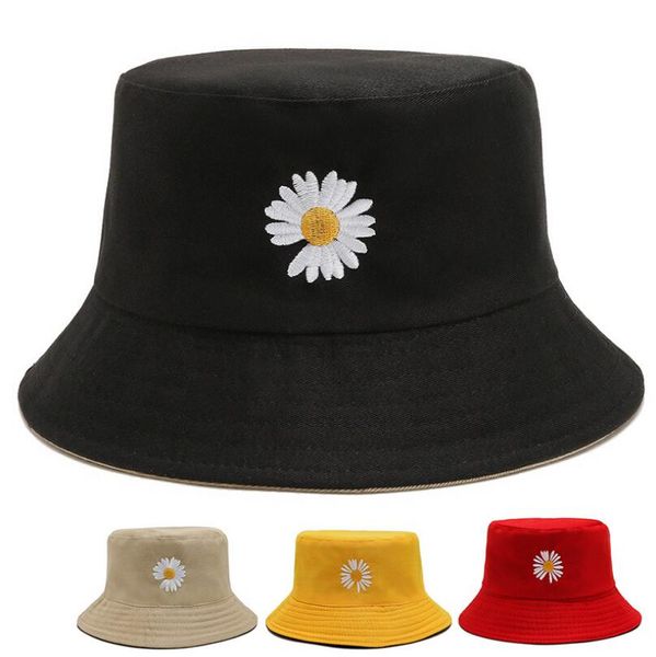 Cappello a tesa larga unisex di moda Harajuku Berretto da pesca all'aperto Donna Uomo Cappelli per protezione solare in cotone Cappellini da pescatore ricamati a margherita