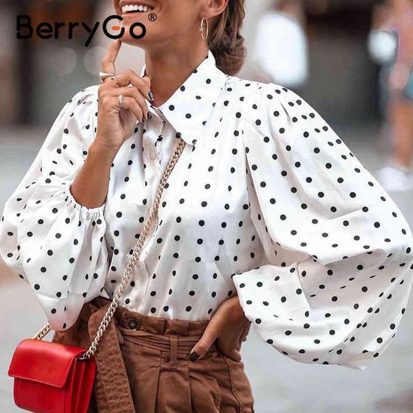 

berrygo fashion dot loose women's bubble sleeve chiffon long shirt high street style lapel autumn winter 210513, White