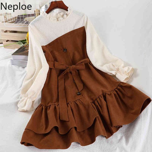 

neploe vintage korean woman dress sweet irregular ruffles flare sleeve vestidos patchwork contrast color slim robe dresses 4g235 210422, Black;gray