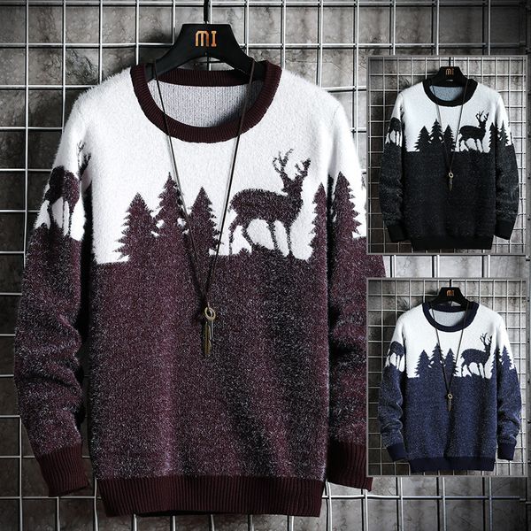 Outono inverno homens malha camisola animal casual árvore de natal veado pulôver vintage fina fita suéter masculino roupas top