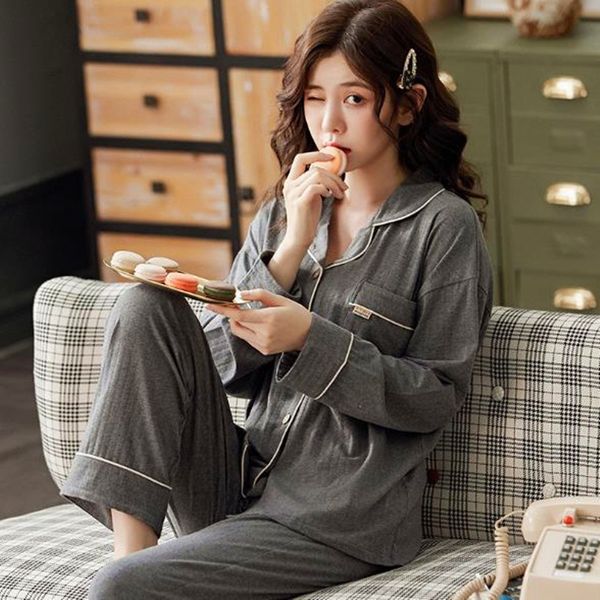 

women's sleepwear high-grade pajamas women cotton long sleeve lapel sleepwear set cardigan + trousers two piece suit plus size, Black;red