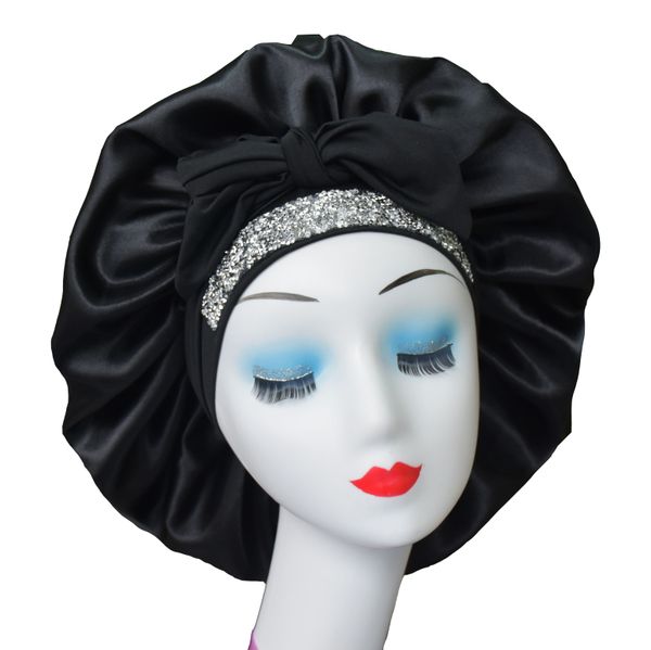 

satin rhinestone luxury bling bonnet hair sleep cap with tie strap, Blue;gray