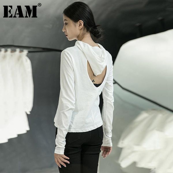 

women's t-shirt [eam] women white black slim backless temperament hooded long sleeve fashion tide spring autumn 2021 1da907