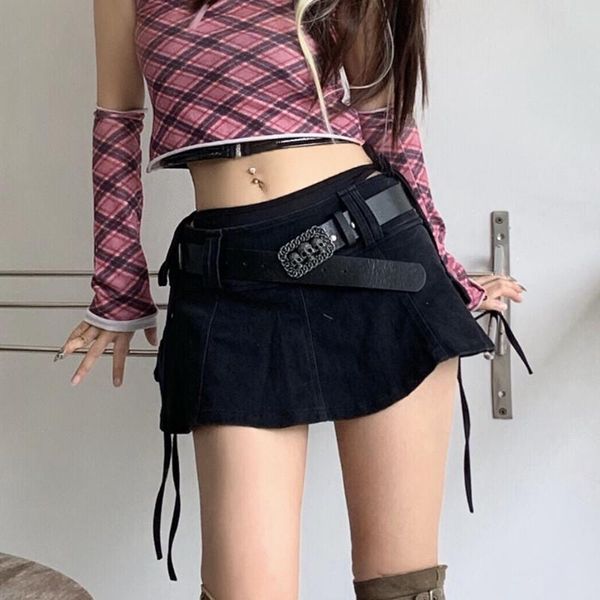 Saias meninas originais harajuku baixa cintura mini calça saia sólido preto punk crânio cintura denim culotte plus size