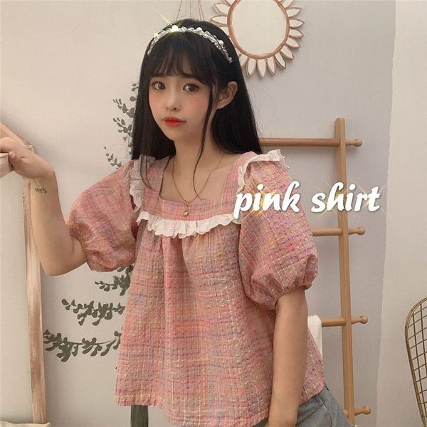

women's cute candy color plaid square collar blouse young girls student summer 2021 korean bubble sleeve shirt blouses & shirts, White