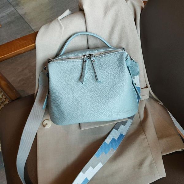 

2021 soft leather bag in solid color summer fresh color tote wide checked shoulder strap women's cross-body bags handbag 8 colors