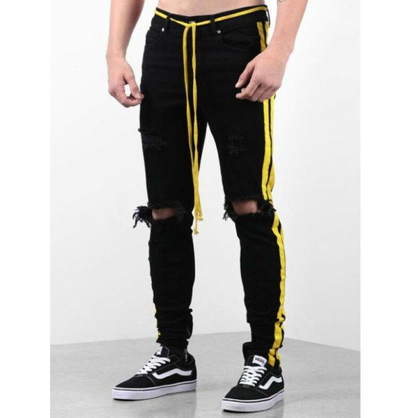 

men's pants fashion stripe side distressed ripped slim fit jeans color block elastic skinny trousers long, Black