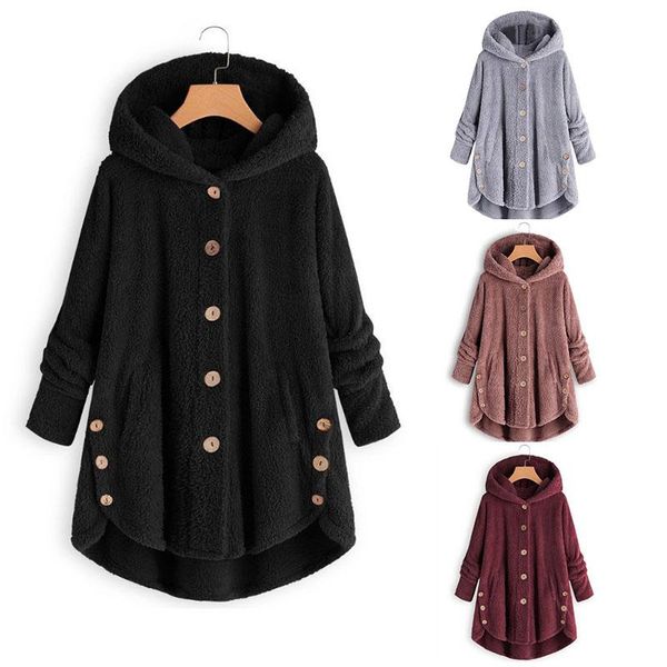 

women's hoodies & sweatshirts women warm coat loose long 2021 female fluffy button hooded winter asymmetrical soft fleece outwear fur, Black