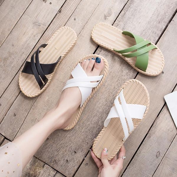 

slippers summer solid pvc women flat flip flops slip-on beach slides ladies mules casual shoes, Black