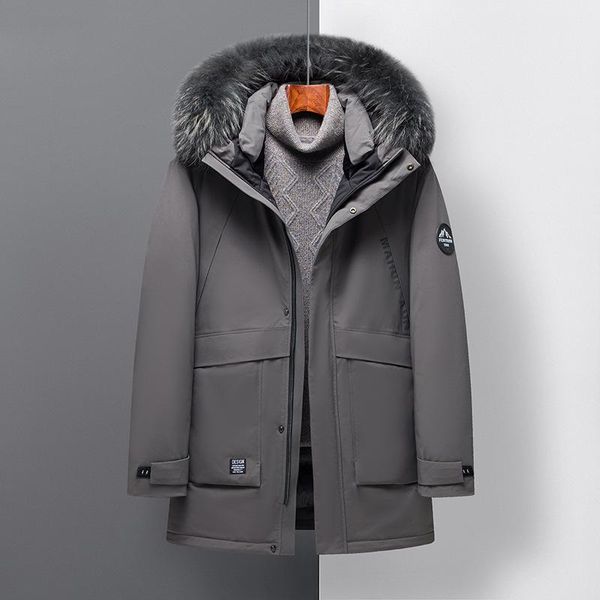 

men's down & parkas brand exquisite winter 90% white duck jacket men mid length hooded big fur collar zipper casual warm coat, Black