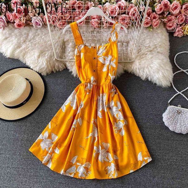 

dresses for women sweet temperament high slim waist vestido feminino print sleevelss square collar strappy dress 210415, Black;gray