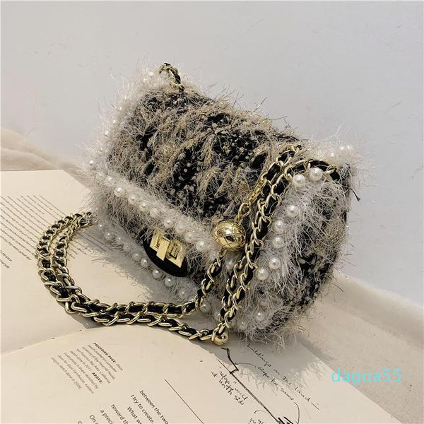 

shine pearls chains women's shoulder bag design plush pu leather female shoulder bag 2021 trending crossbody