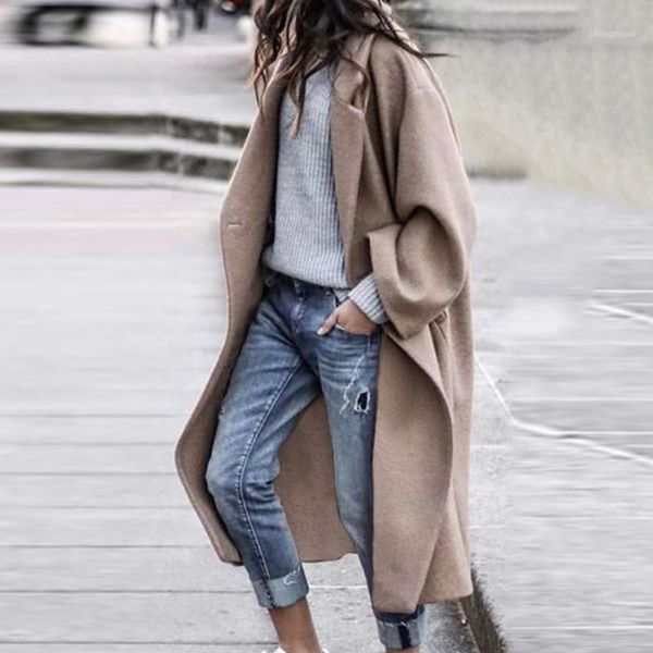 

women's wool & blends woolen coat women turndown collar casual long solid color buttons warm jacket fashion ladies overcoat 2021 street, Black