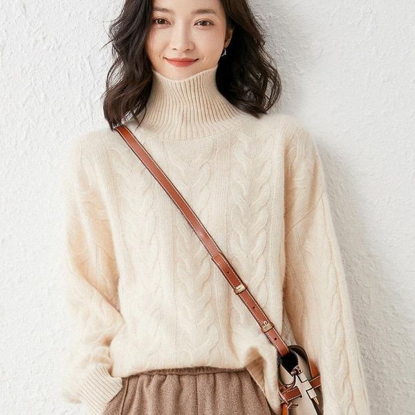 

women's knits & tees high neck twist sweater loose in autumn and winter wear lazy wind korean pullover wool thickened, White