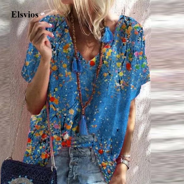 

women's blouses & shirts s-5xl summer v-neck short sleeve blouse casual women plus size pullover fashion print loose shirt bl, White