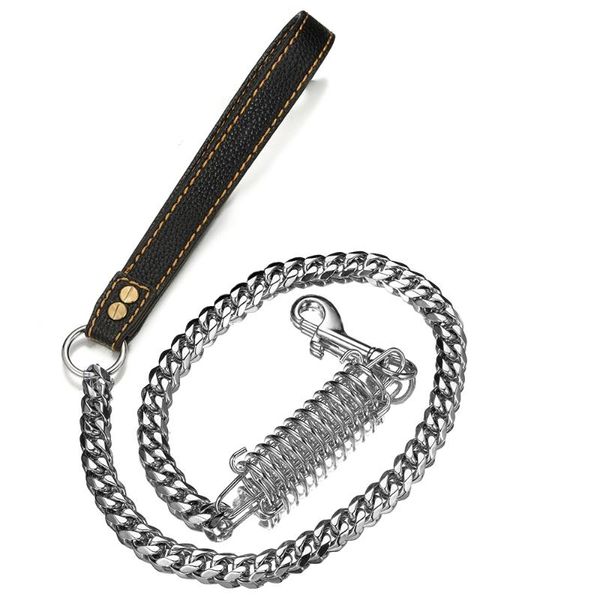 

cool 15mm dog leash stainless steel silver color cuban curb chain saving spring with genuine leather handle 1/2/3ft chains